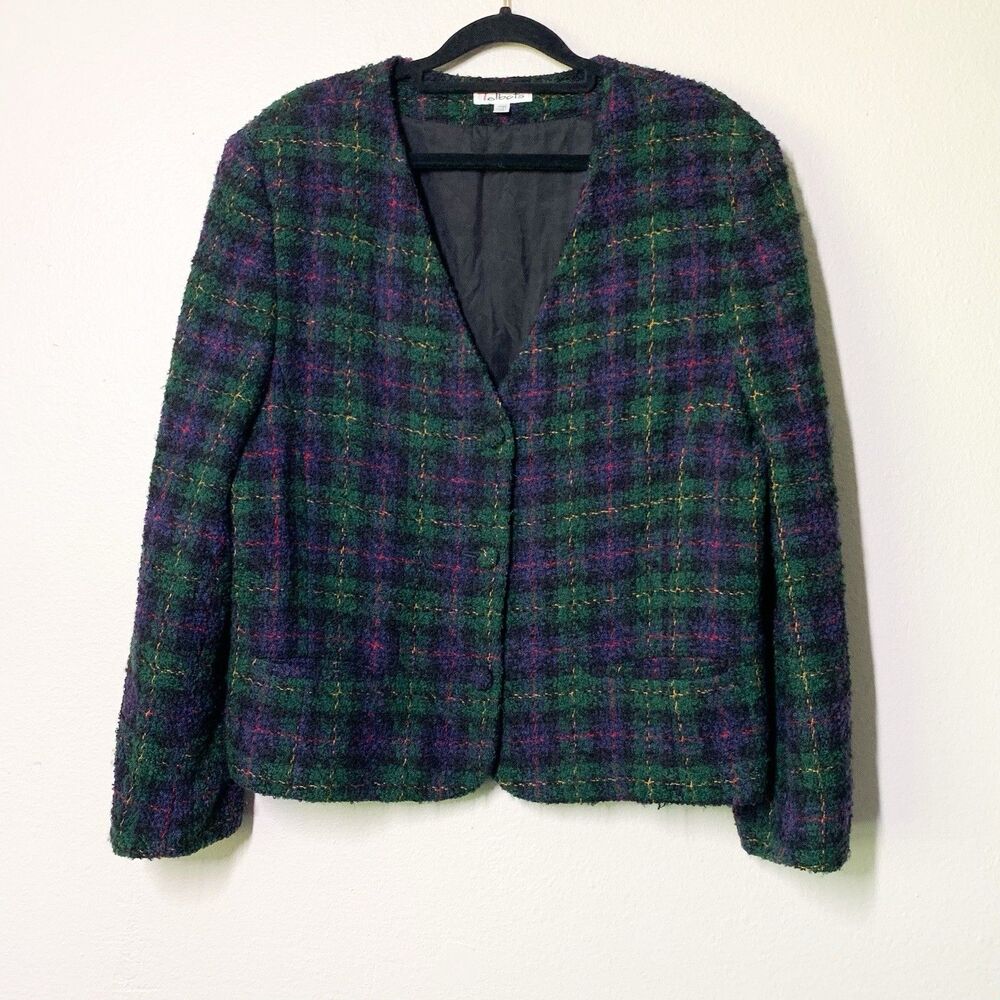 Talbots Vintage Plaid Tweed Blazer 14 Green Purple Wool V-Neck Jacket USA